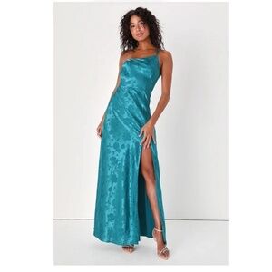 Lulu's Teal Satin Maxi Dress